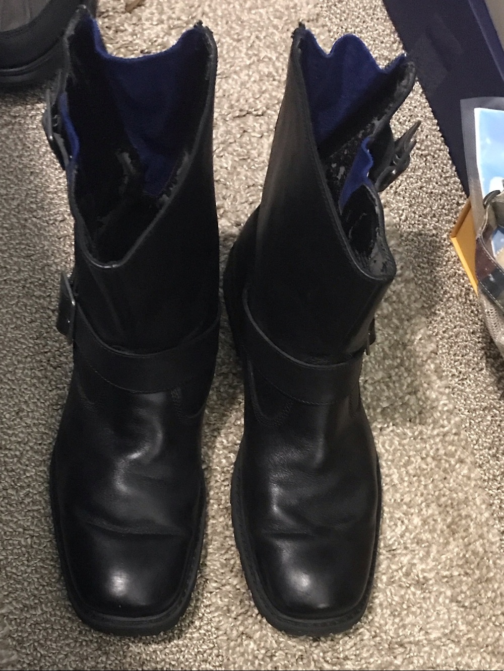 Kenneth Cole Black Leather Buckle Moto Boots with Blue Lining